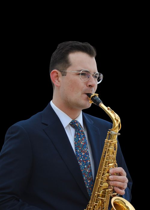 Andrew GAFFEY, musicien ambassadeur JLV, avec son instrument équipé d'une ligature JLV