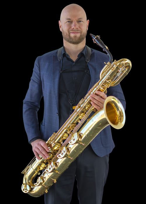 Michael JAMIESON, musicien ambassadeur JLV, avec son instrument équipé d'une ligature JLV
