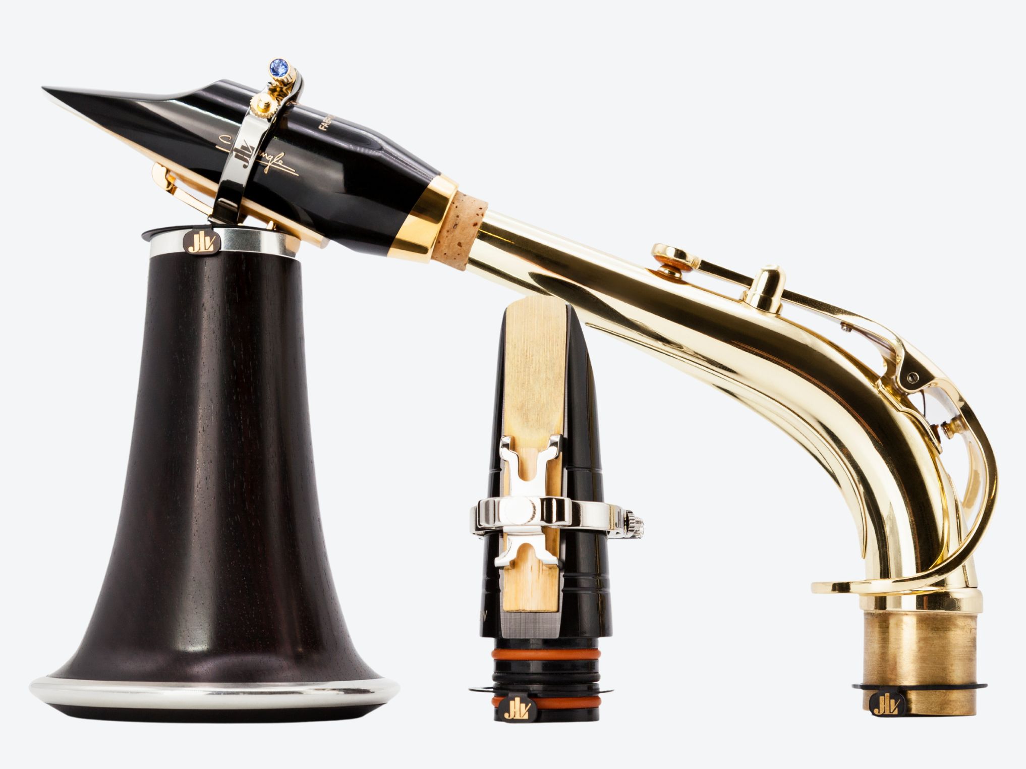 Photo des produits JLV Sound : Ligature JLV et Bague Phonique pour clarinette et saxophone