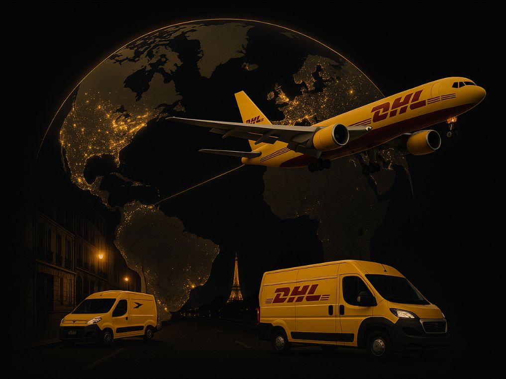 Visual of plane and DHL and La Poste vans